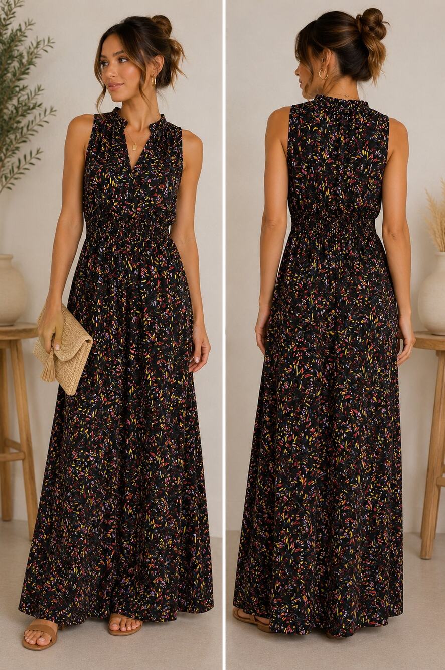 Collective Concepts EVEREVE Floral Maxi Dress Black Multicolor Split Neck S